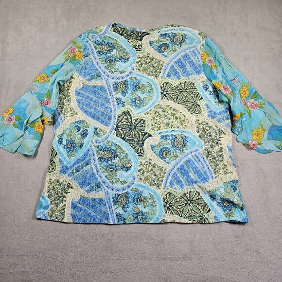 Ulla Popken Top Womens 20/22 Blue Art To Wear Beaded Patchwork Beachy Preppy - Picture 8 of 13